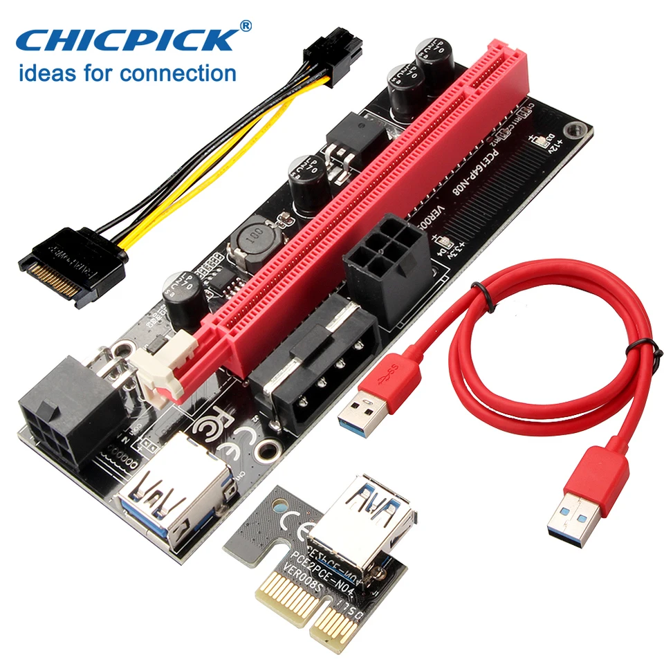Chicpick Pcie Express 1x To 16x Riser Card Adapter Usb 3 0 Dual 6 Pin Power Latest Ver009s For Eth Btc Gpu Mining Motherboard Aliexpress
