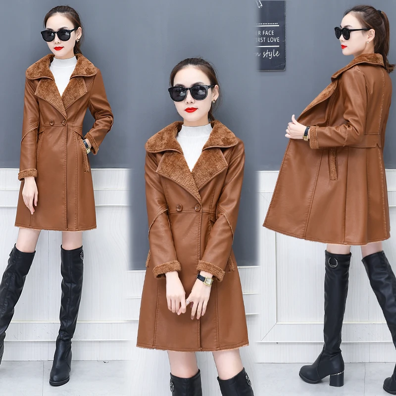 

MUMUZI 2018 Winter Sheepskin and PU Leather Patchwork Warm Coats Long Style Fleece Parkas with Sashes Slim Waist Thermal Coat
