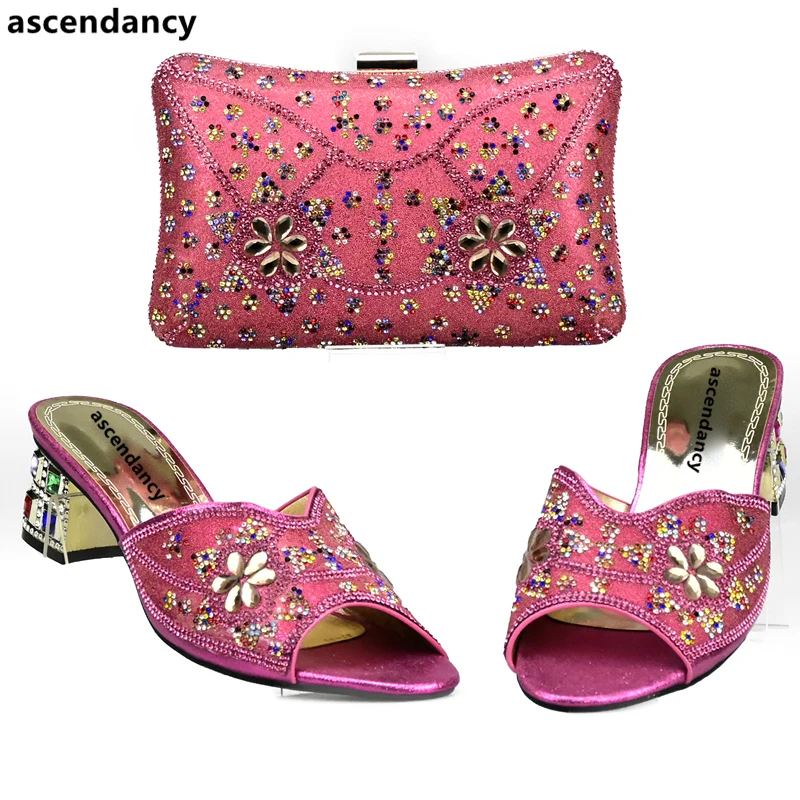 

Fuchsia Color Matching Italian Shoe and Bag Set Decorated with Rhinestone Nigerian Party Shoes and Bag Set High Quality Shoe Bag