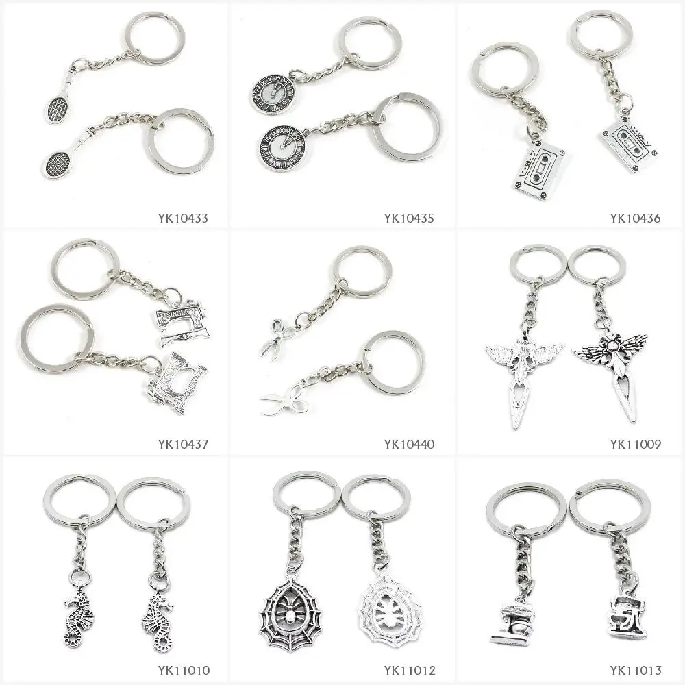 

Metal Antique Silver Keychain Keyring Keytag Key Chain Ring Tennis Racket Clock Pocket Watch Audio Cassette Tapes Sewing Machine