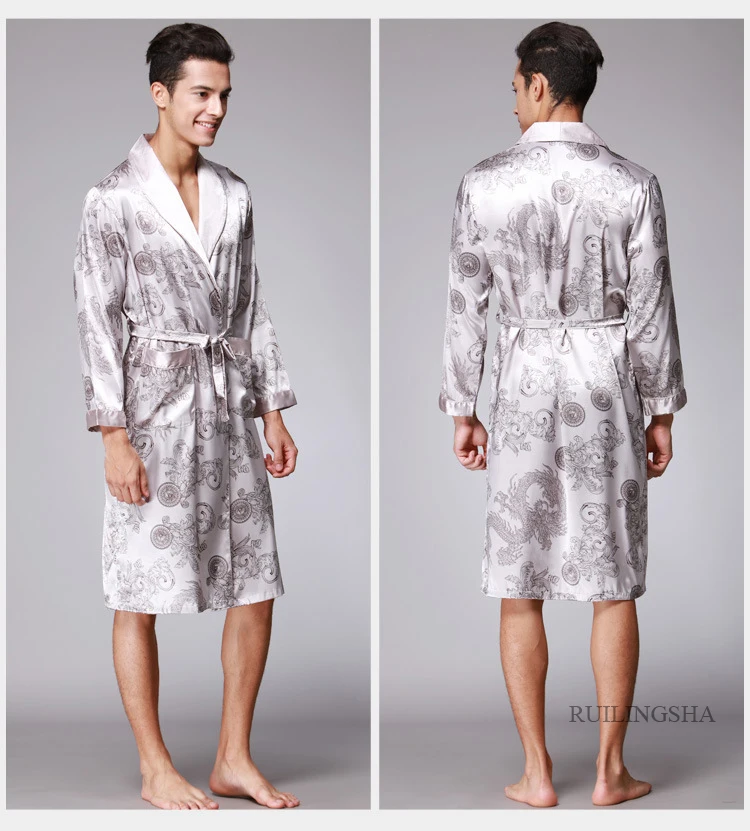 Мужское шелковое летнее и осеннее атласное кимоно халат длиной до колена с длинным рукавом золотой дракон черный банный халат одежда для сна