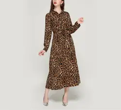 JOYINPARTY женский леопардовый принт ботильоны Длина платье галстук бабочка пояса с длинным рукавом ретро дамы повседневное chic платья для