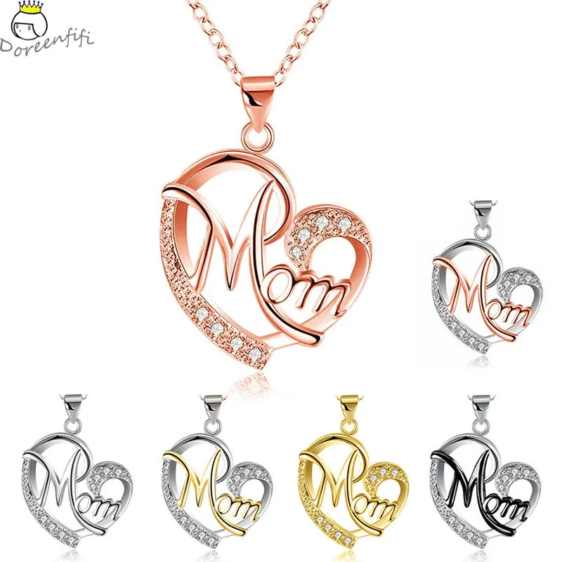 

Charms Mother's Day Gift Love Letter MOM Heart Shape Inlaid Crystal Pendant Necklace Chain High Quality Women Jewelry Colar