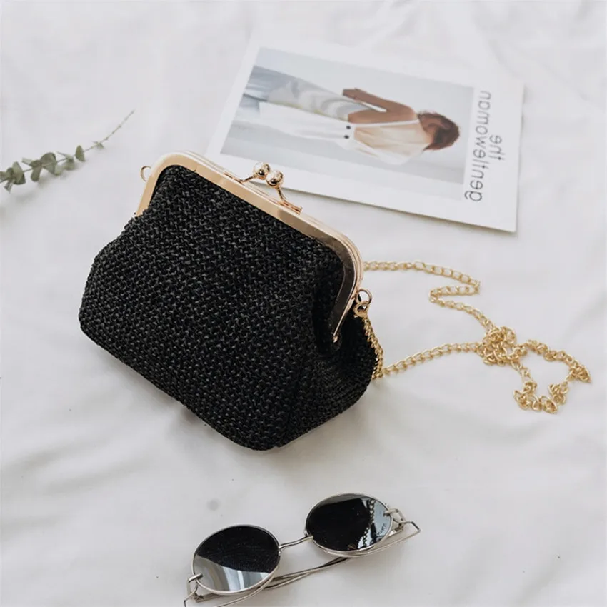 TOYOOSKY/Летняя стильная женская сумочка; модные соломенные сумки в виде ракушки; женская пляжная сумка для отдыха; маленькая сумка на плечо с цепочкой и замком поцелуя - Цвет: Black