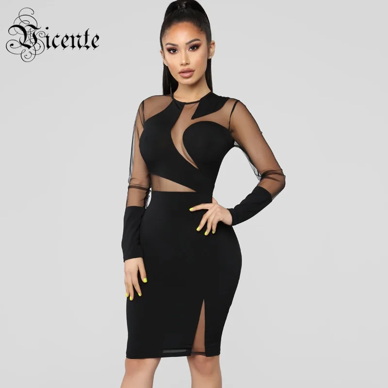 

Vicente All Free Shipping 2019 New Mesh Splicing Design Long Sleeves O Neck Vestido Celebrity Party Club Bandage Mini Dress