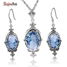 Szjinao талисманы 925 пробы серебряные индийские свадебные ювелирные наборы Овальный дизайн синий горный хрусталь подвеска Комплект сережек для женщин
