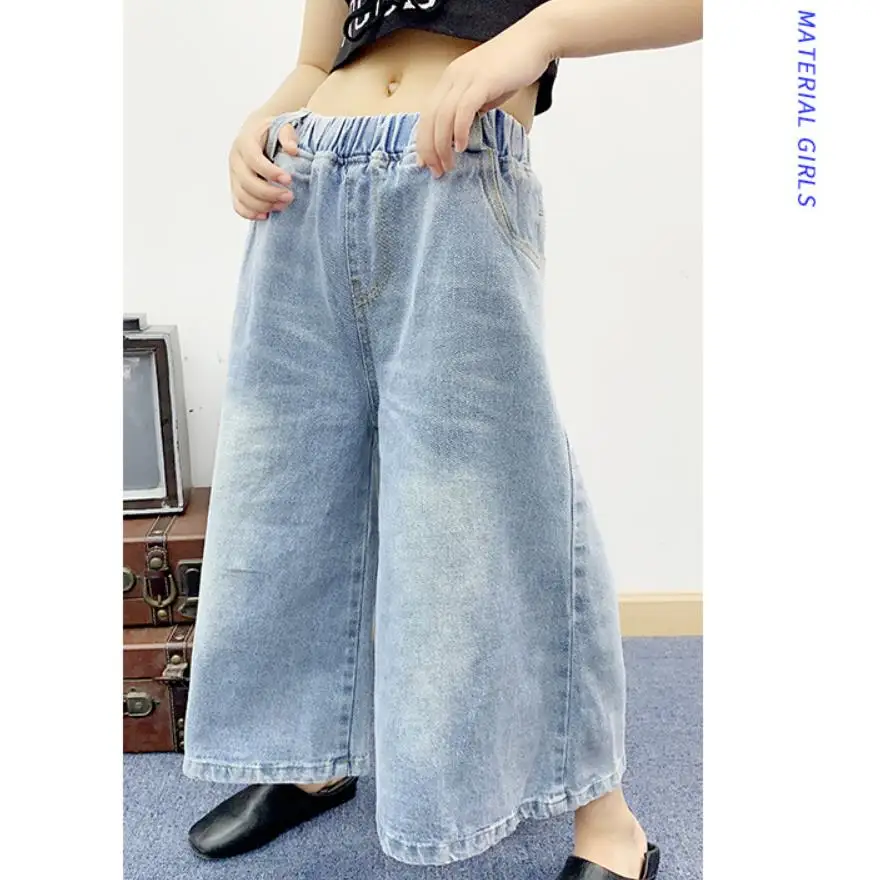 

Children denim loose wide leg pants summer new baby girls elastic waist cotton ankle-length pant fashion new 2-10Y ws783