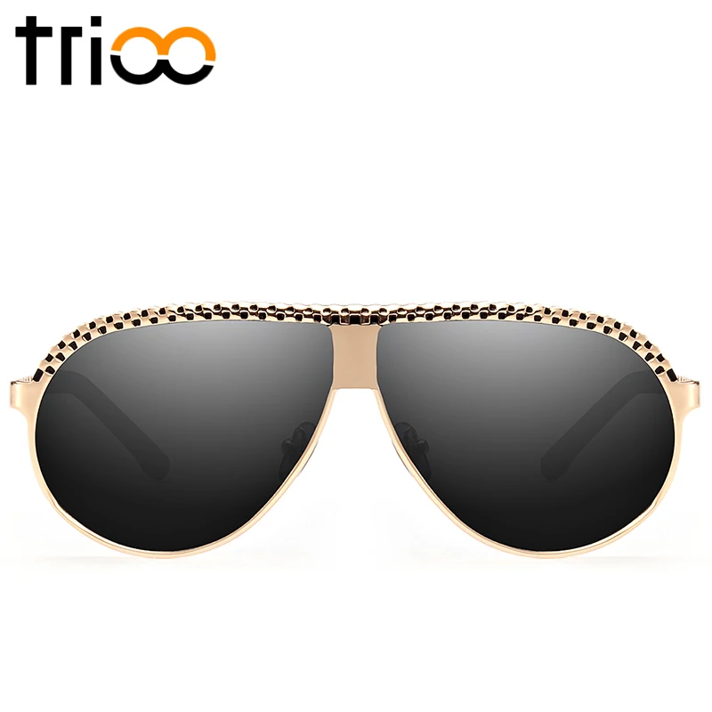 TRIOO Oversized Polarized Sunglasses Men Flat Top Black Male Shades Special Chess Lattice Designer Sun Glasses