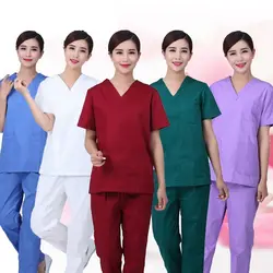 Женская мода скраб набор форма медсестры v-образным вырезом топ с боковым отверстием + Талия на резинке брюки медицинская Униформа хлопок