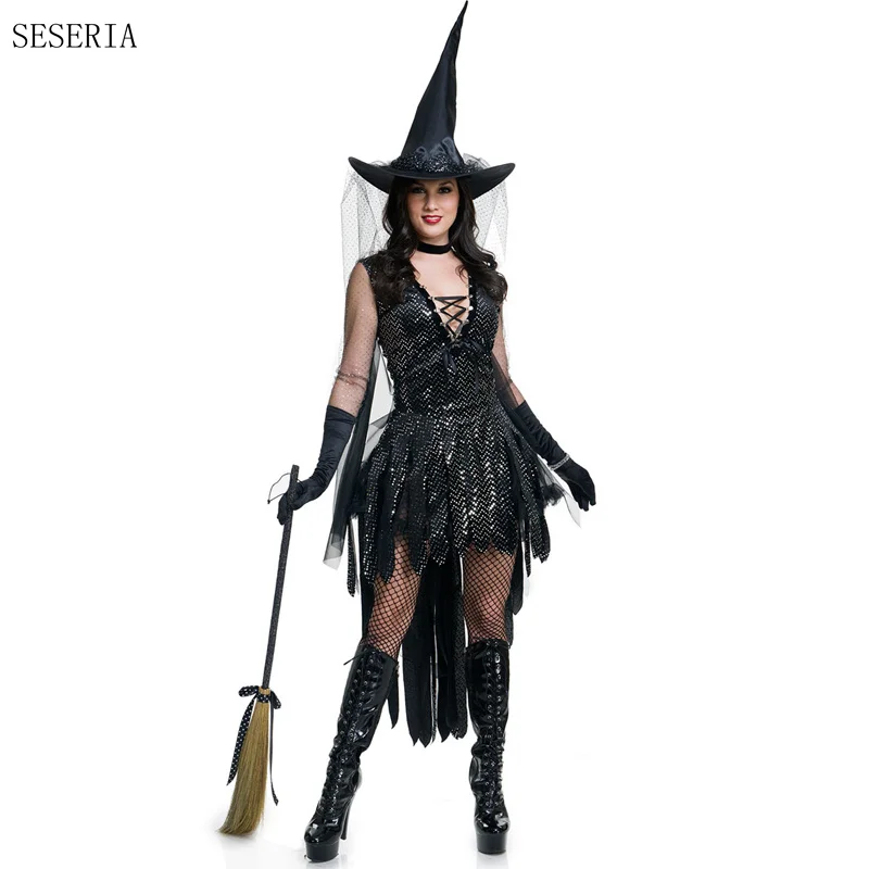 SESERIA Black Witch Halloween Cosplay Costume for Women Carnival Adult