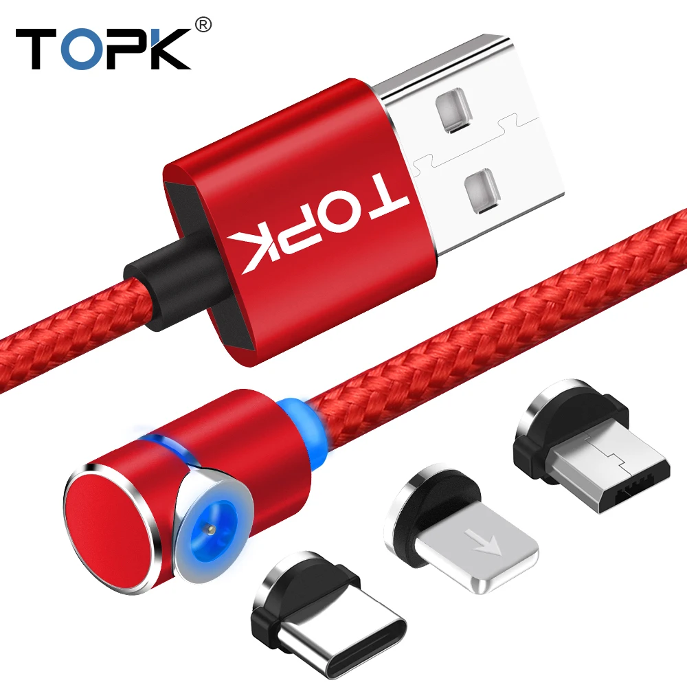 

TOPK 90 Degree L Type Magnetic Cable , LED Magnet Charger Cable for iPhone Xs Max X 8 7 5 & Micro USB Cable & USB Type-C USB C