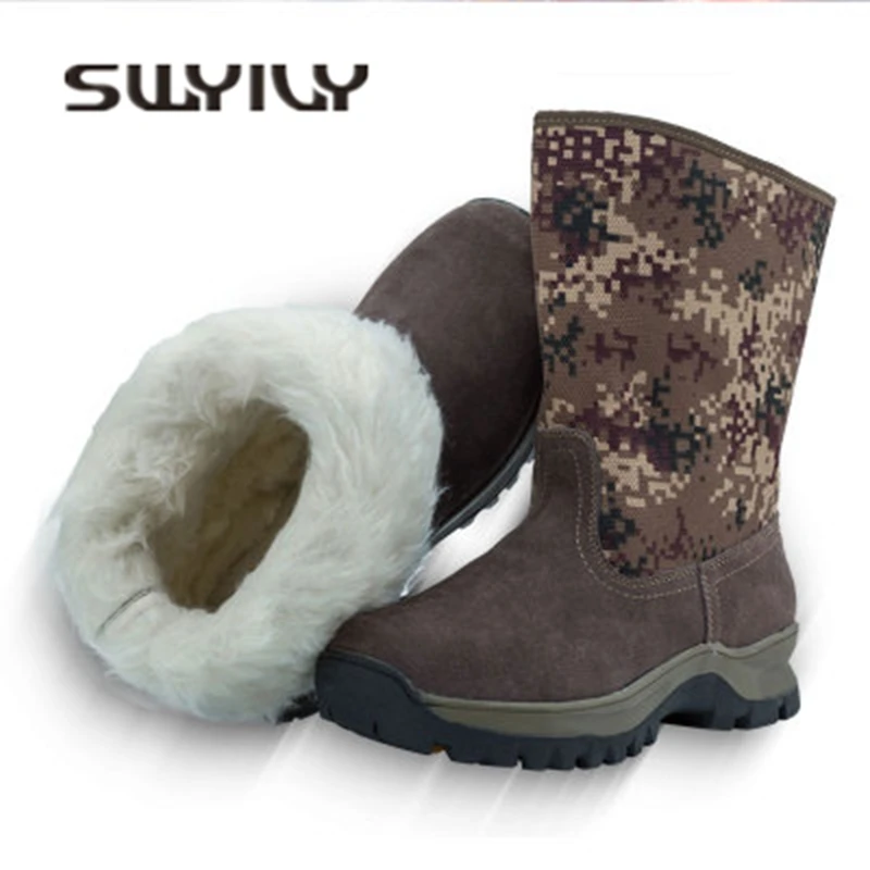 SWYIVY Man Snow Boots Natural Wool Fur Mid High 2018 Male Genuine Leather Warm Winter Snowboots Comflage Plus Velvet Snow Boots