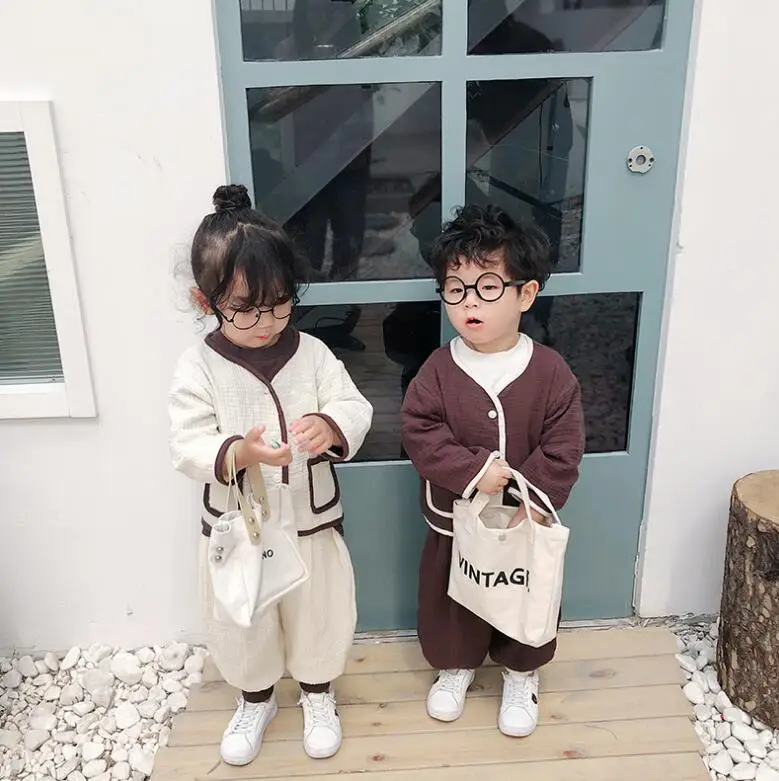 Japanese style boys girls cartoon pure cotton clothes sets kids single-breasted long sleeve jacket+ loose pants 2pcs suits