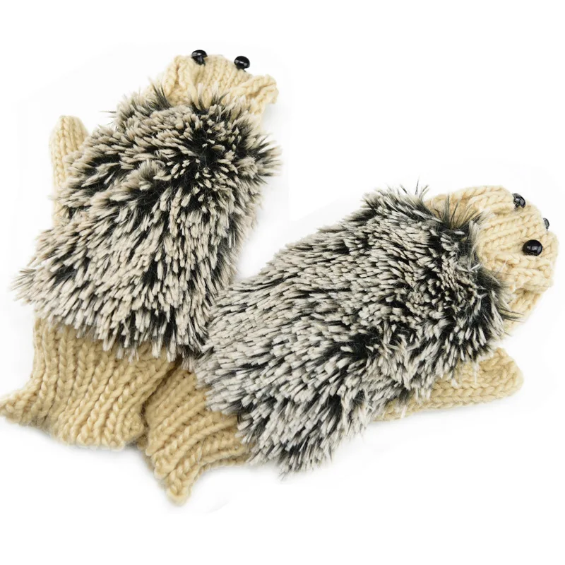 Women's Winter Cartoon Hedgehog Gloves Without Fingers Knitting Wool Warm Mittens Fingerless Glove