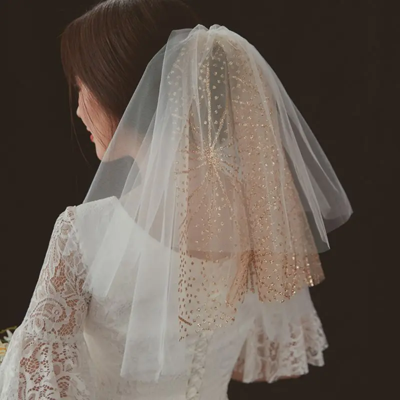 Свадебное платье из фатина белого покрывалами пушистый Multi Слои золотой порошок свадебная фата гребень невесты Фея Свадебные аксессуары