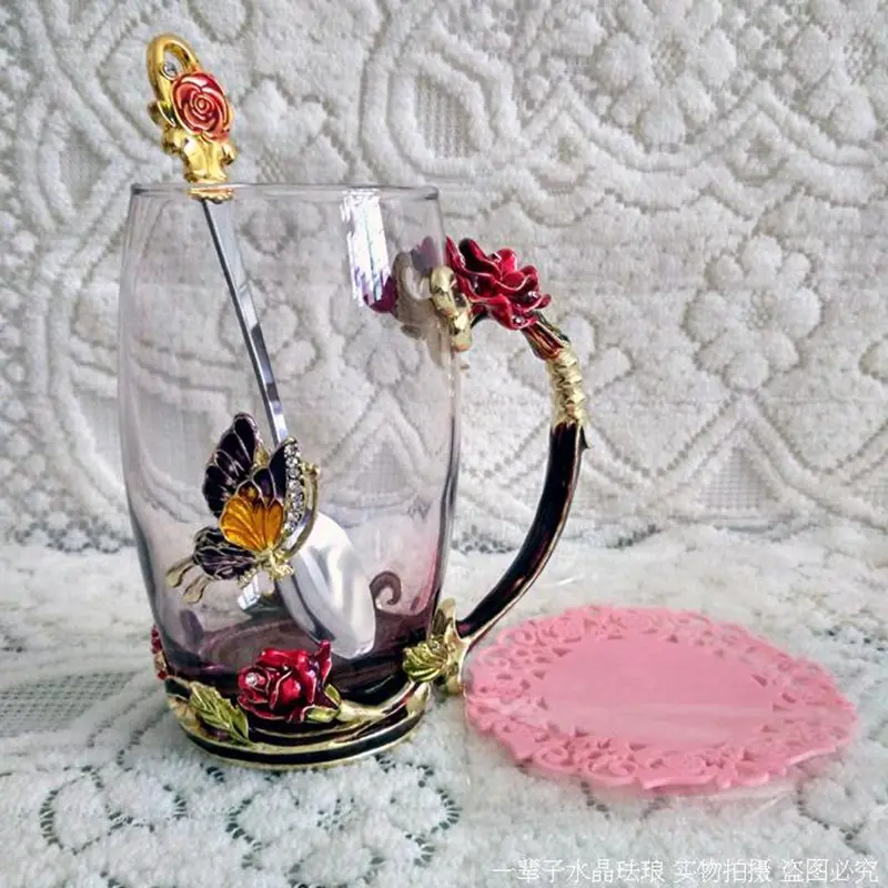 Классическая роза бабочка эмалированная стеклянная чайная чашка Термостойкое стекло es воды для дома и офиса посуда для напитков подарок для влюбленных