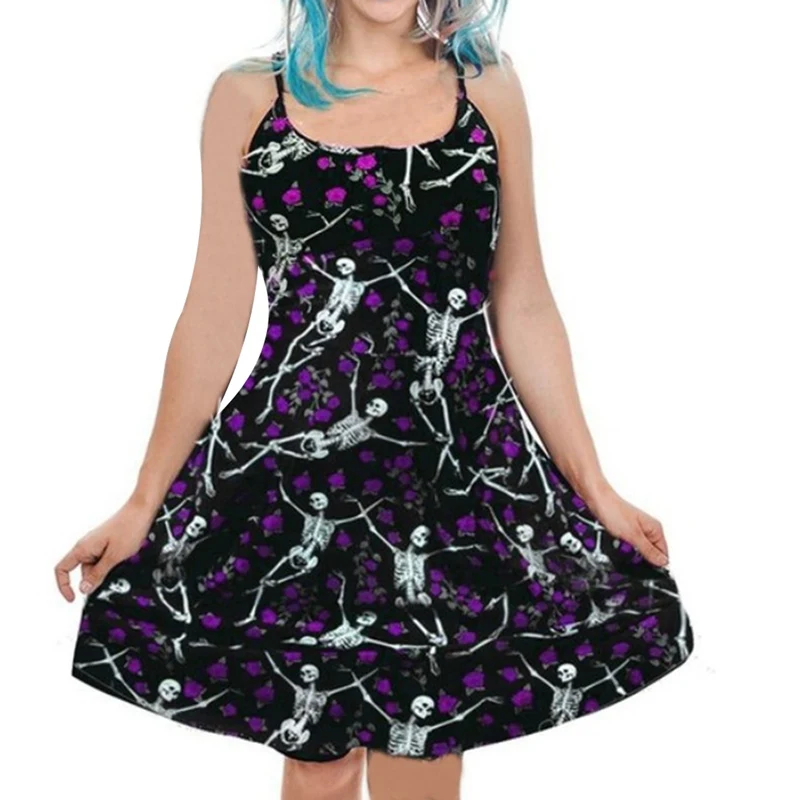 

Women Gothic Skull Print Dress Halloween Ghost Party Dress 3D printed Beach Pleated Spaghetti strap Dress S-XL