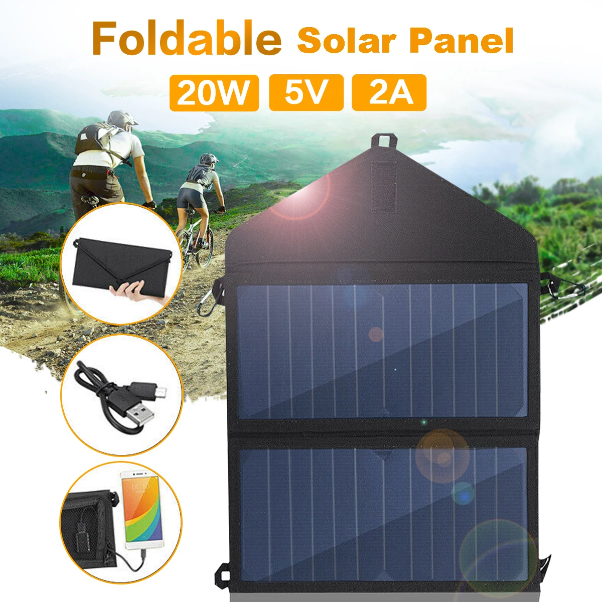 

HOT 20W Portable Solar Panel Charger Foldable 5V/2A USB Power Bank Waterproof Battery Charger for Phone Tablets Outdoor Camping