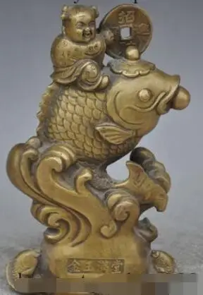 

song voge gem S6755 9" marked chinese bronze copper fish Goldfish Boy wealth money coin lucky statue