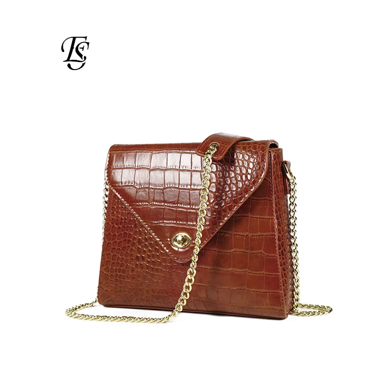 

E.SHUNFA brand female chain shoulder bag fashion crocodile pattern lock small square bag high quality woman handbag brown black