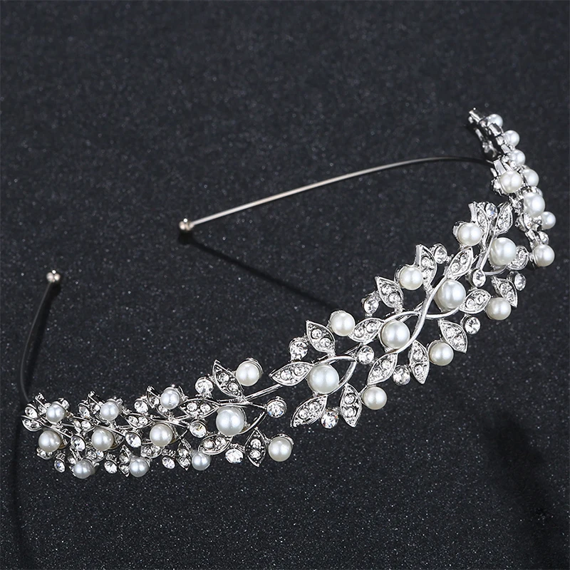 Rhinestone Pearls Crown Headband Vintage Crystal Bridal Tiaras Wedding Hair Jewelry Leaves Princess Diadem for Women Miallo hair accessory jewelry accessories hair headdress bridal headwear hair band crown