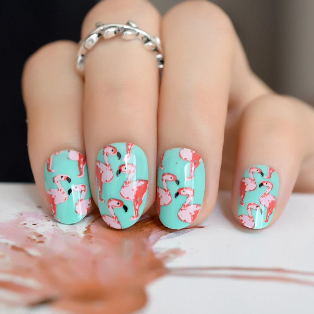 

Flamingo Pattern Green False Fake Nails Red Bird Round Head Full Cover Press on Nails for Bride Office Summer Wear Accessories