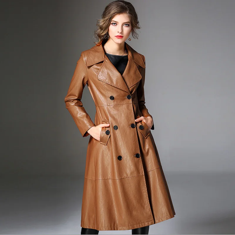 Double vert camel 2017 Lady Hiver Manteau Noir Longue Femelle Femmes Survêtement Cuir Vestes Style Faux Punk Veste Biker Frais Boutonnage Pu Nouveau 1fnB81xS