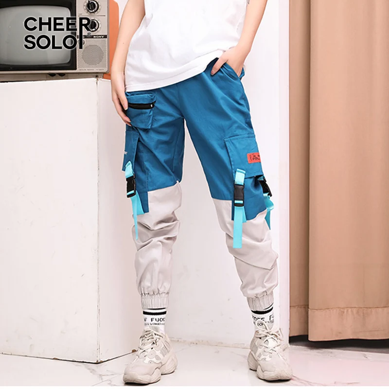 

CheerSolo Cargo Pants Women Sweatpants Color Block Patchwork Sweat Pants Trousers With Pockets Hip Hop Pants Summer