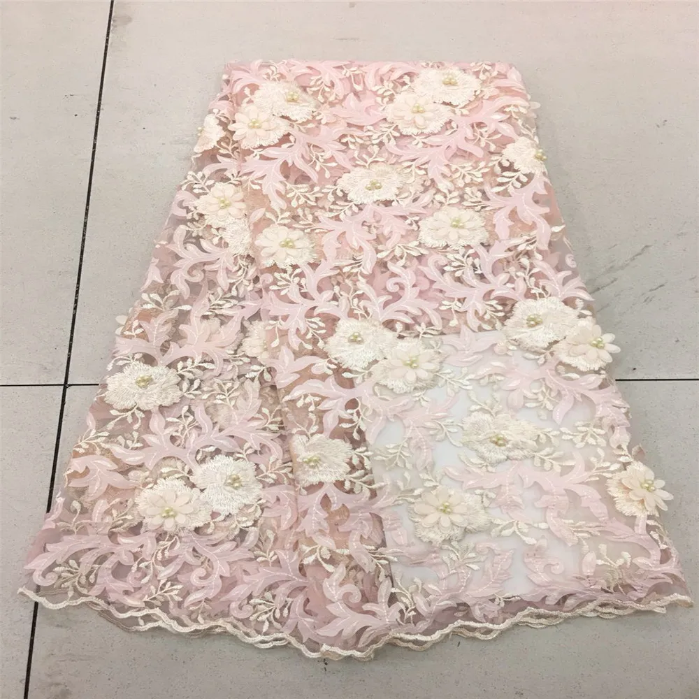

High quality african tulle lace fabric with beautiful beads 3d flower pattern design french net lace for wedding HJ131-1