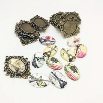 

MRHUANG Vintage Bronze Tone 10set/pack Alloy Lace Pendant Oval Cabochon Base Settings+ Eiffel Tower Glass Cabochons 18*25MM
