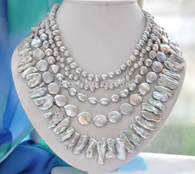 

5strands GRAY BAROQUE RICE BIWA COIN FRESHWATER pearl necklace 17inch