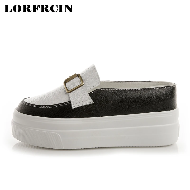 

Plus Size 42 Genuine Leather Women Slippers Platform Shoes Woman Height Increasing Casual Shoes For Ladies Sneakers LORFRCIN