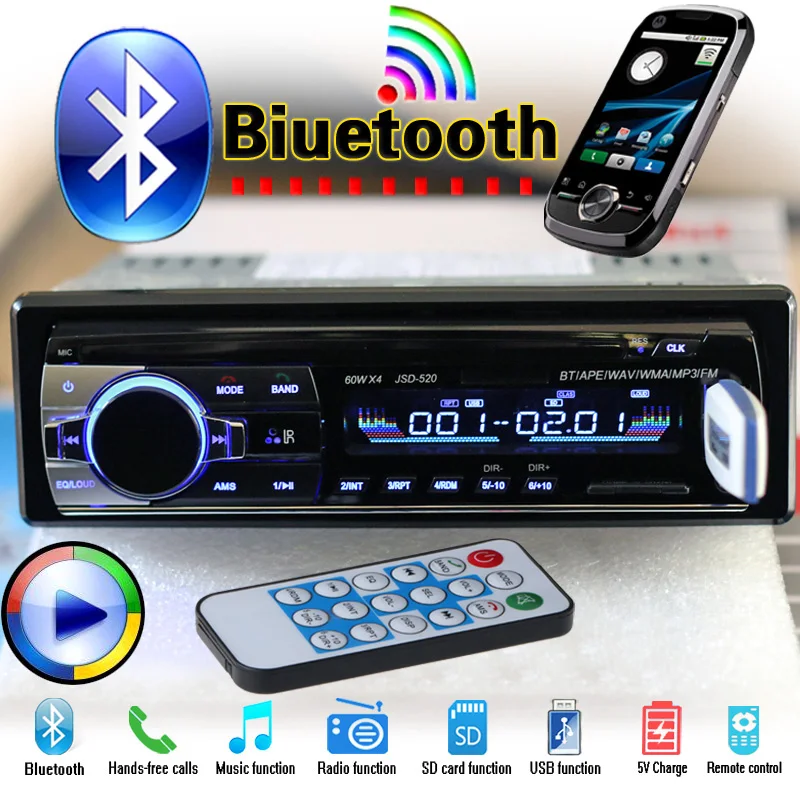 12 V del coche de Bluetooth Radio FM estéreo MP3 de Audio 5V-Charger USB SD AUX Auto electrónica en-Dash Autoradio 1 DIN NO DVD JSD-520