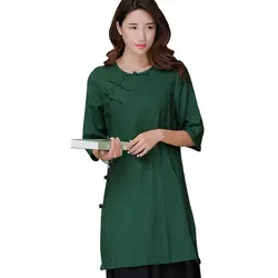 Новый зеленый/белый в традиционном китайском стиле Дамская круглым вырезом Длинная рубашка из хлопка и льна три четверти рукав удлинить