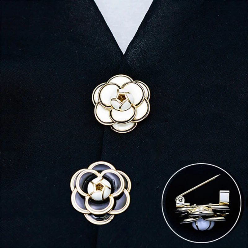 White Black Camellia Flower Brooch For Women Bijoux Elegant T