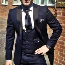 Темно-синий Жених Черный нагрудный мужской костюм для свадьбы 3 шт.(куртка+ брюки+ жилет+ галстук) TERNO для жениха Masculino Trajes De Hombre Блейзер 124