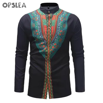 

Opslea Dashiki African Men Ethnic Print Long Sleeve Button Top Traditional Tribal Stand Collar Shirt 2019 New Casual Black Shirt