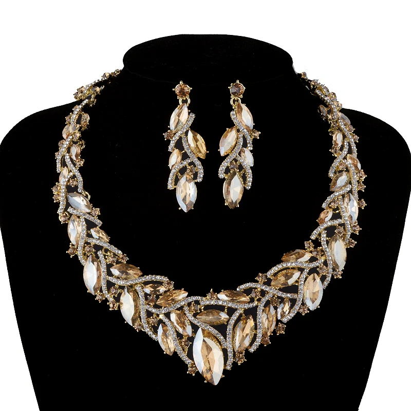 Fashion African Rhinestone Jewelry sets Bridal Wedding Necklace earrings Champagne Marquise Crystsal Women Party Jewelry