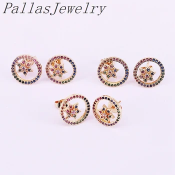 

8Pairs Gold color Colorful cz zirconia micro pave round stud earring fashion jewelry