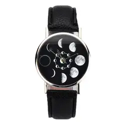 Для женщин Lunar Eclipse узор кожа кварцевые наручные часы Relogio Feminino Баян коль Saati женские часы 050