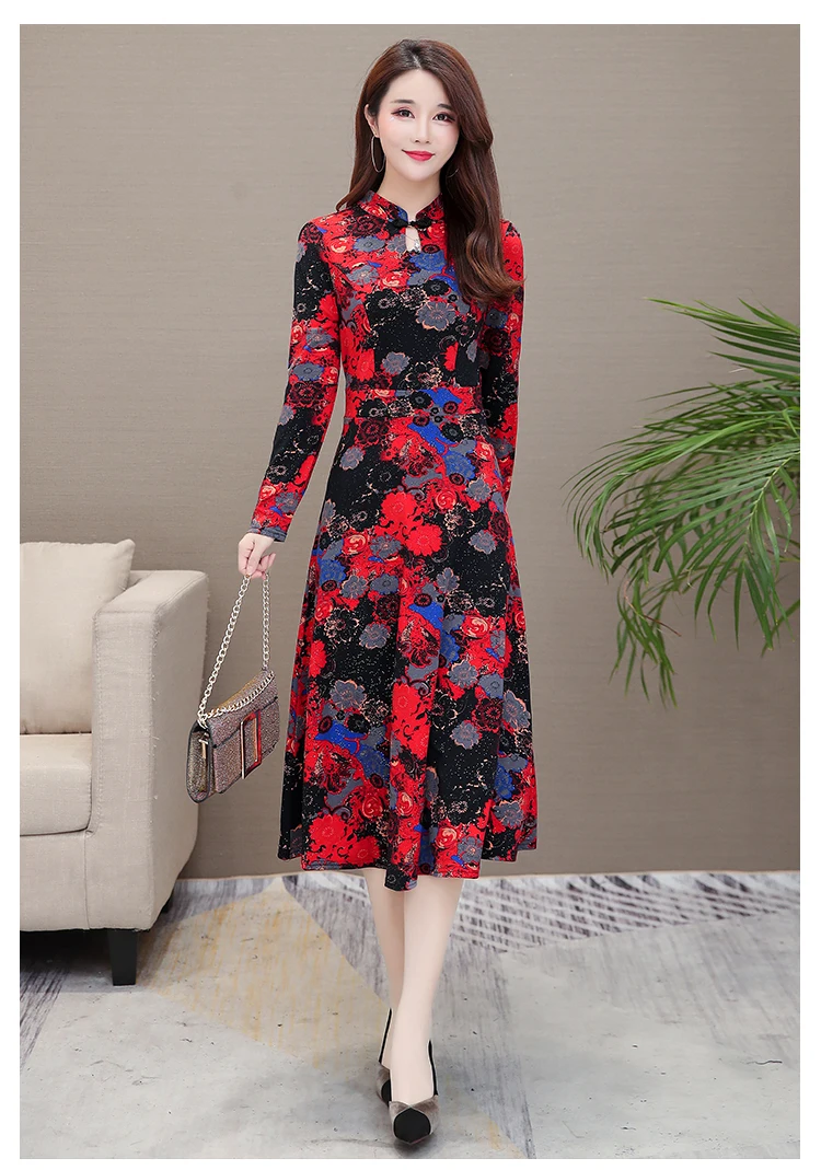 Floral Print Maxi Dress Long Sleeve Vintage Formal Dress Women Elegant for Work Plus Size 5XL Robe Femme 2019 Mom Women Dresses 7