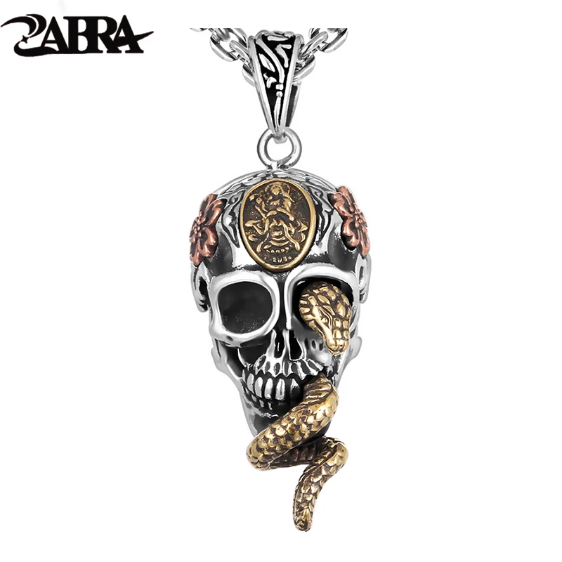 

ZABRA Solid 925 Silver Skull Pendant Necklace For Biker Man Cool Snake Budda Sculpture Mens Vintage Gothic Punk Pendants Jewelry