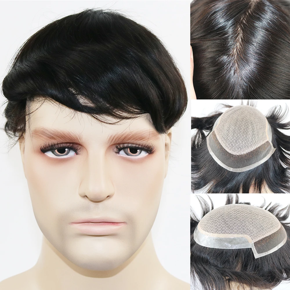 

SimBeauty Silk Base With Swiss Lace in Front Men's Toupee 6x8 7x9 8x10 Human Hair Natural Hairline Hair Replacement System