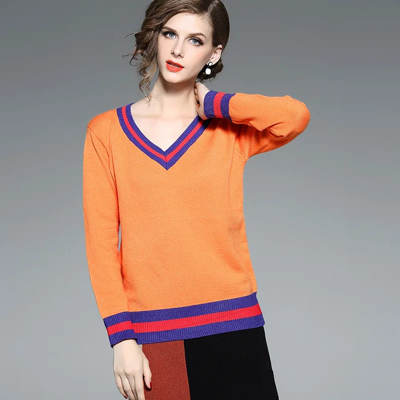 V-neck elastic knit patchwork loose pullovers sweater 2018 new women autumn basic long sleeve sweater