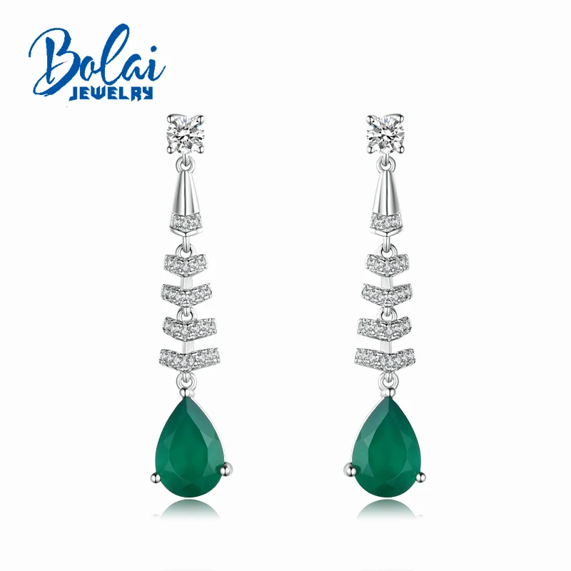 

bolaijewelry,Long dangle gemstone earring natural green agate in 925 sterling silver fine jewelry for women lady daily wear gift