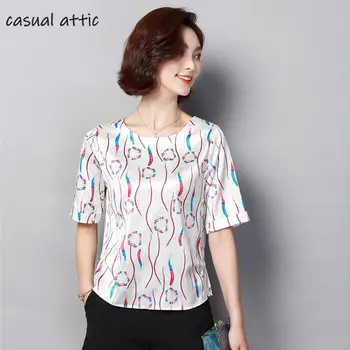

T-shirt Women Print Elegant Top Tees Lady Office Shirt Plus Size 2019 Summer O Neck Women Ice Silk T-shirts Female Casual Tops