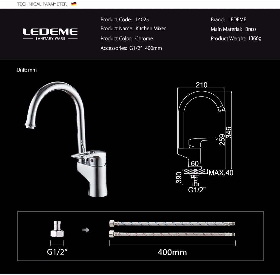 LEDEME Смеситель для кухни высокий латунь Цвет: хром L4025