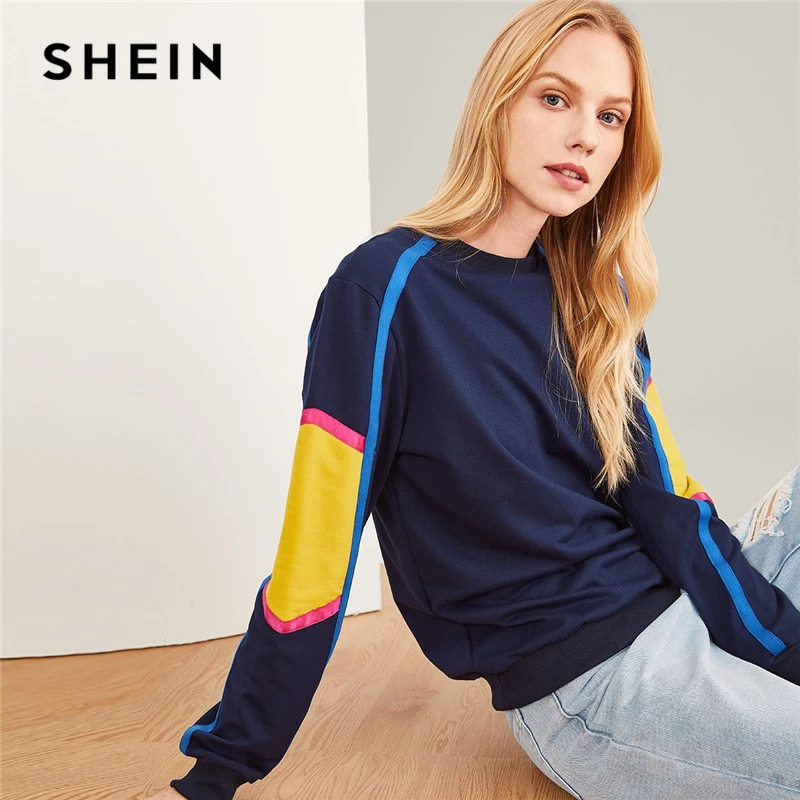 women's casual fashion round neck colorblock sweatshirt hh005