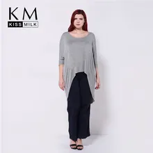 kissmilk 2016 Women Plus Size Asymmetrical Hem Long Sleeve Summer Casual Street Style Loose Top Long T-Shirt long sleeve plus size palm print asymmetrical t shirt