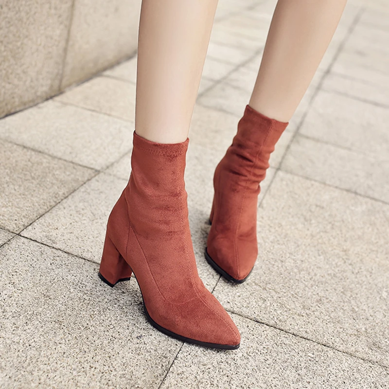 

Boots For Women VALLU Brand High Heel Lady Ankle Stretch Fabric Booties Pointed Toe Modern Female Warm Footwear Shoes